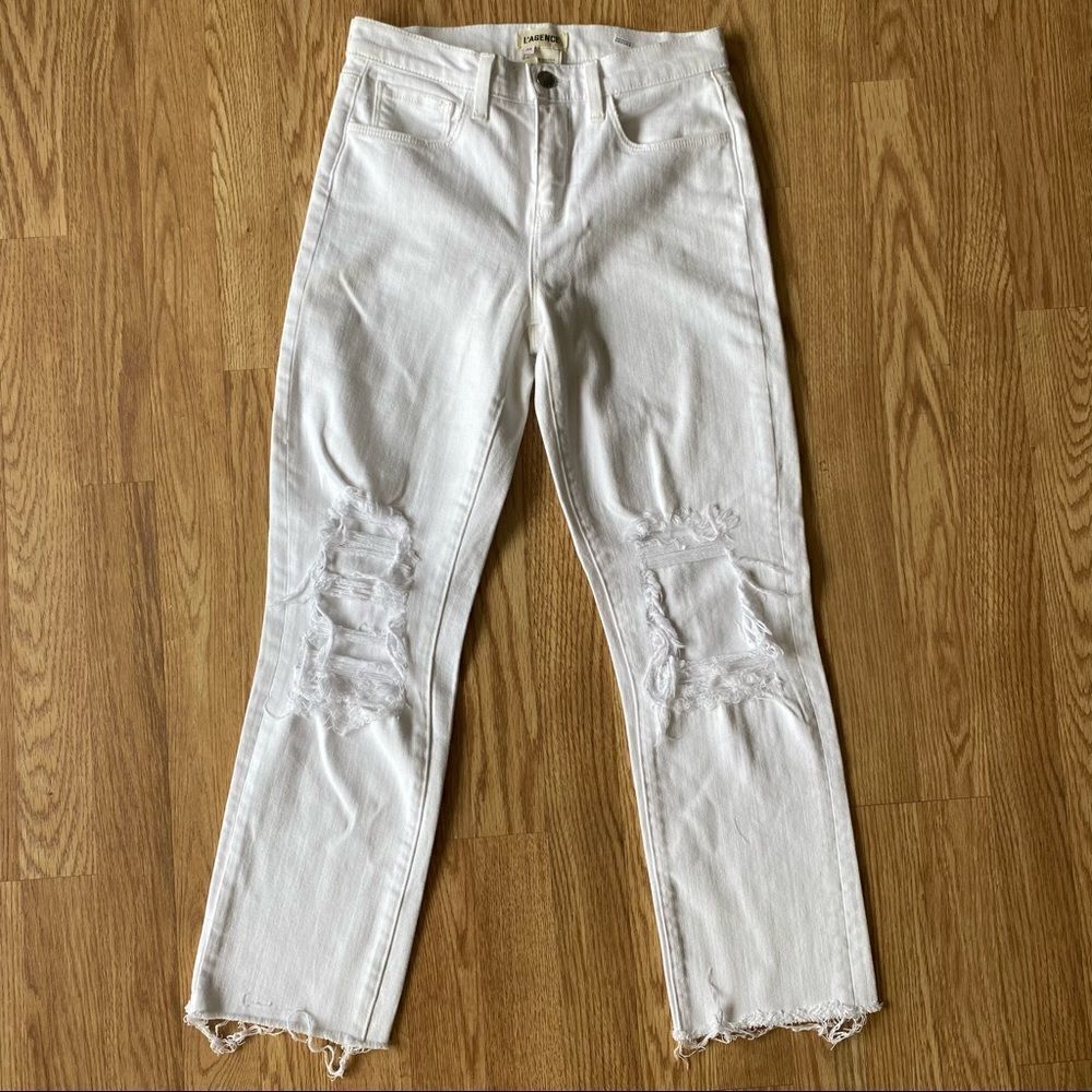 L’AGENCE White Distressed Raw Hem Cropped Jeans Size 24